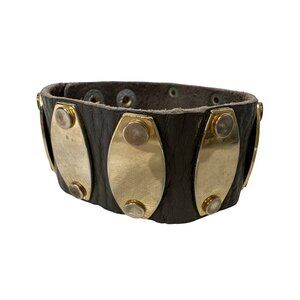 VTG Black Leather Cuff Bracelet Gold-Tone Accents Snap Close Adjustable Unisex